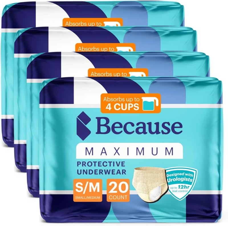because Premium Maximum Plus Adult Incontinence and Postpartum Bladder Leak Underwear for Women, Maximum Absorbency, Disposable, Beige, Small/Medium, 80 Count (4 Packs of 20) - Image 2